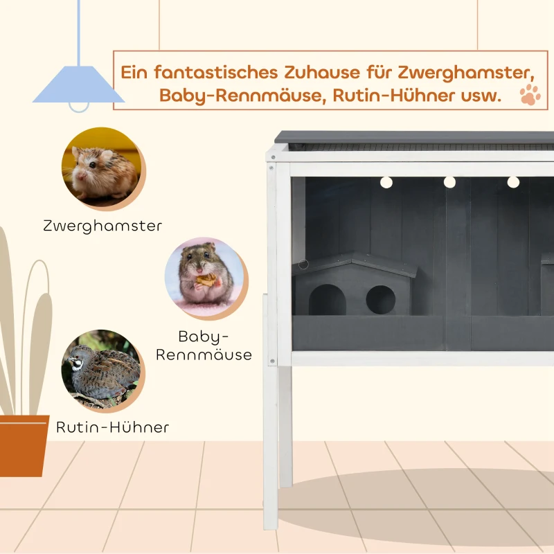 PawHut Hamsterkäfig, 3000 cm² Zwerghamsterkäfig aus Holz und Metall, mit 2 Hütten, Acrylschiebetüren, stabil, sicher, Grau+Weiß(m-4)
