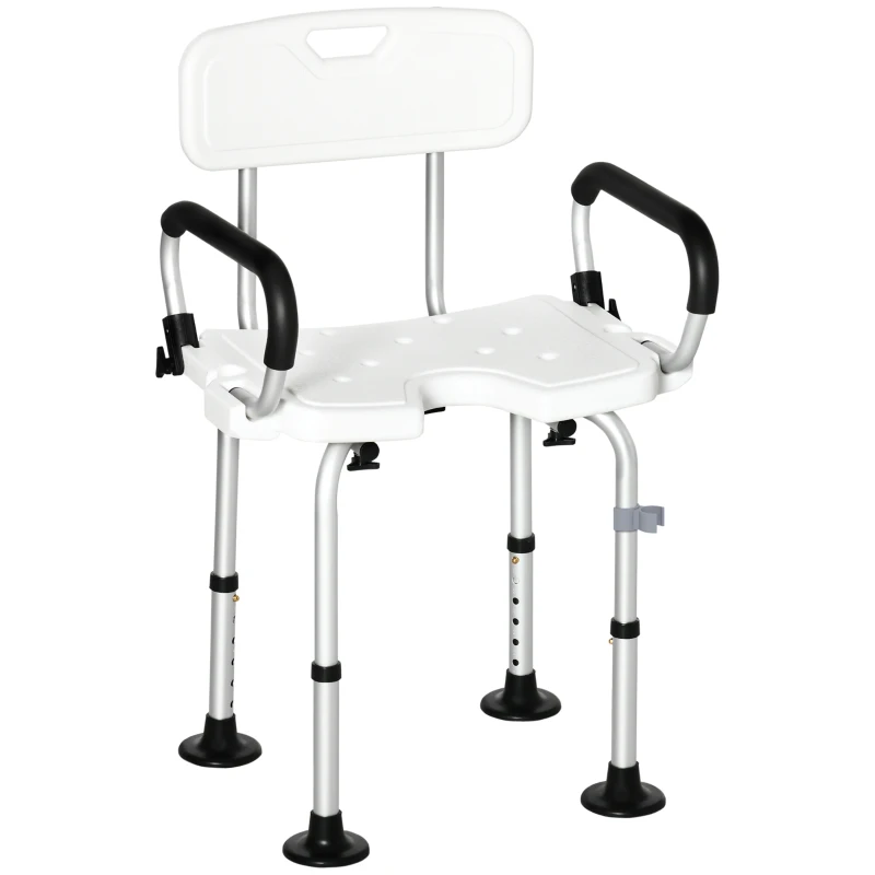 HOMCOM Chaise de douche, tabouret de douche réglable en hauteur avec dossier et accoudoirs rabattables, assise U, pieds antidérapants à ventouses, pour personnes âgées et handicapées, alu HDPE, blanc