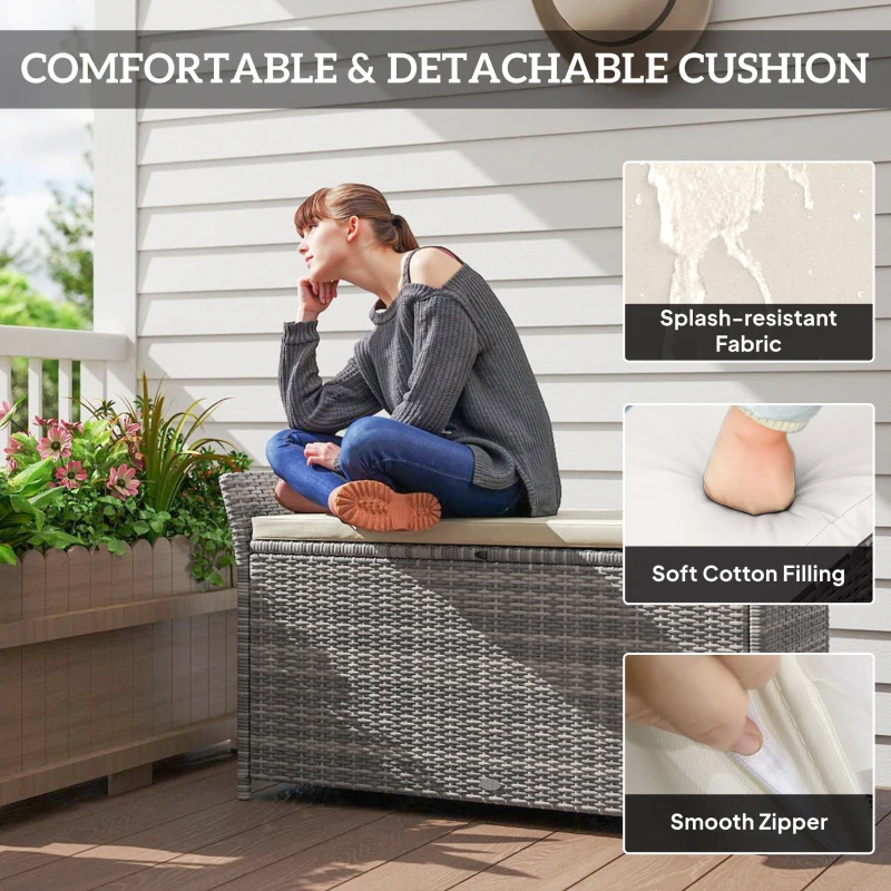 Outsunny Outdoor White Wicker Resin Storage Bench 250L with Removable Cushion, for Garden, Balcony