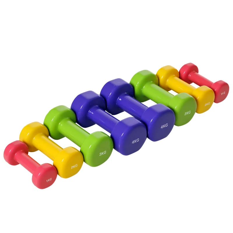 HOMCOM Set aus 8 hexagonalen Hanteln, Gesamtgewicht 20 kg, Set aus 8 kurzen Hanteln für das Fitnessstudio mit Polyurethanbeschichtung in Multicolor