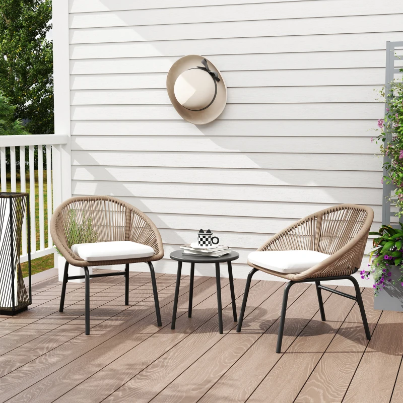 Outsunny Gartenmöbel-Set für 2 Personen mit weichen Sitzkissen aus geflochtener Rattan-Kordel und Epoxidstahl in Khaki