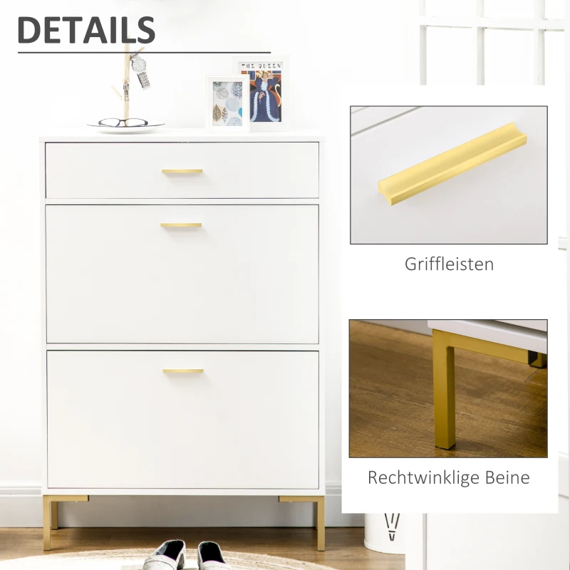HOMCOM Schuhschrank mit 2 Kippschubladen, 1 Schublade, Sideboard, Weiß + Gold
