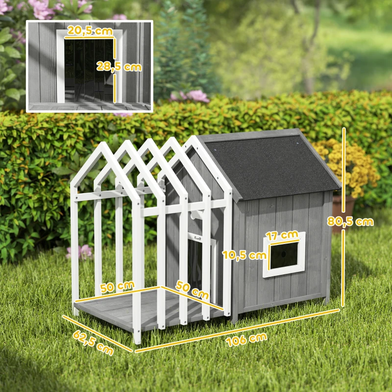 PawHut Hundehütte für den Außenbereich aus Holz, Hundehaus mit Terrasse, Lamellentür, 106 x 62,5 x 80,5 cm, Grau