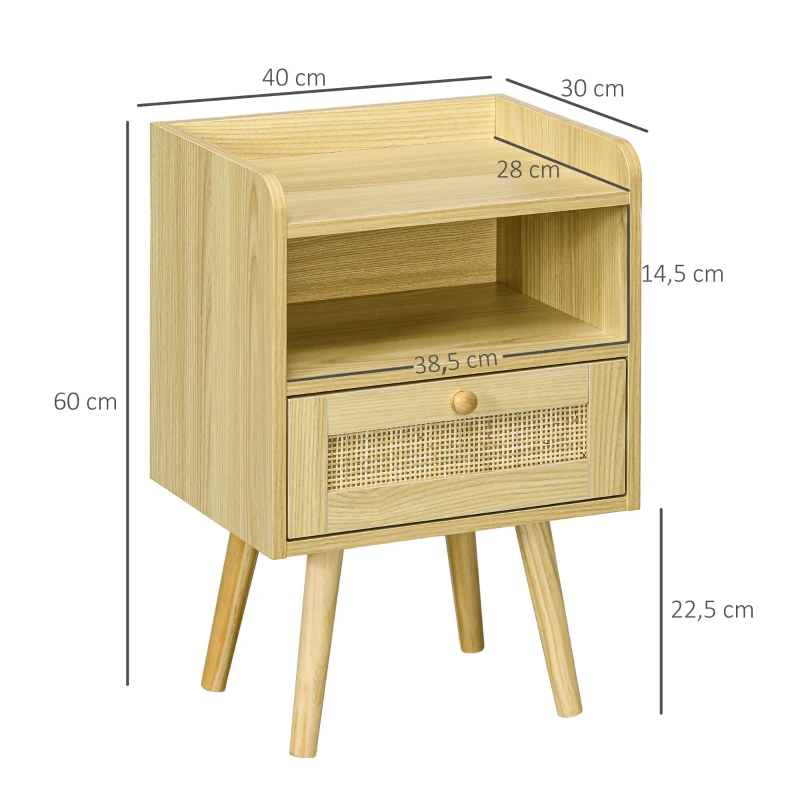 HOMCOM Set mit 2 Nachttischen mit Rattan-Effekt Schublade und offenem Fach, 40 x 30 x 60 cm, Naturholzoptik
