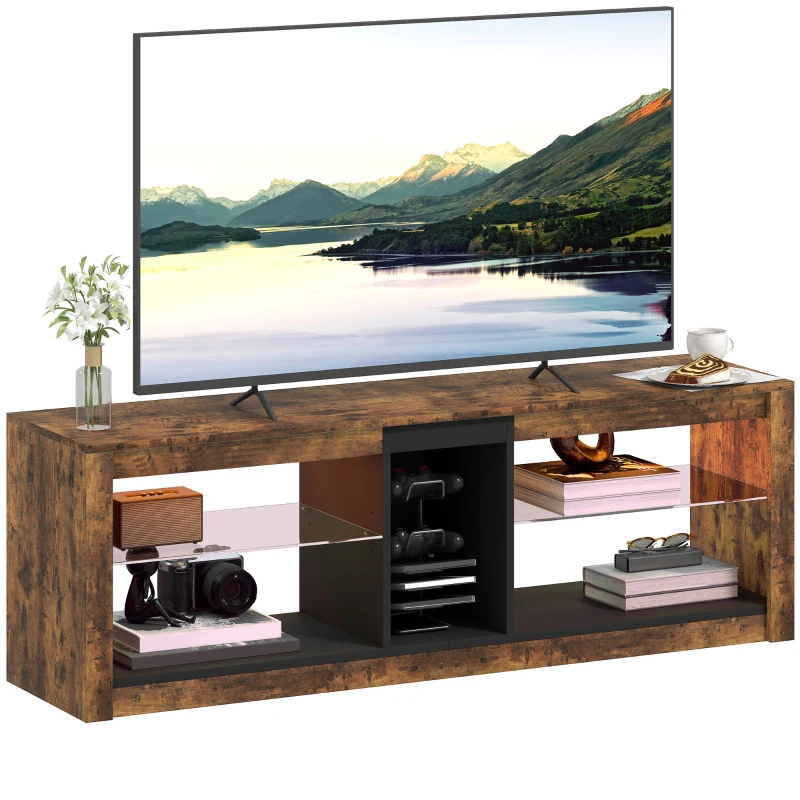 HOMCOM TV-Möbel mit LED-Lichtern und Fernbedienung, offene Regale und Fächer, 140x35x47cm, braun