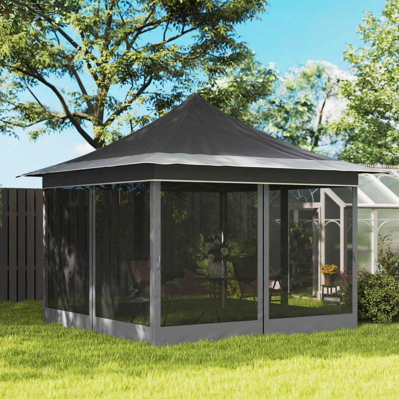 Outsunny Gartenpavillon mit höhenverstellbarem Moskitonetz, aus Polyestergewebe und Metall, 357x357x310 cm, Dunkelgrau