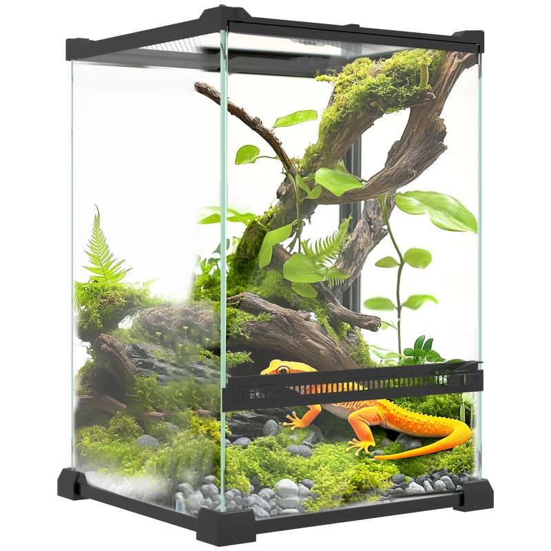 PawHut Glas-Terrarium für Reptilien Vivarium 12 L mit Metallnetzdeckel, 20 x 20 x 30 cm, Schwarz