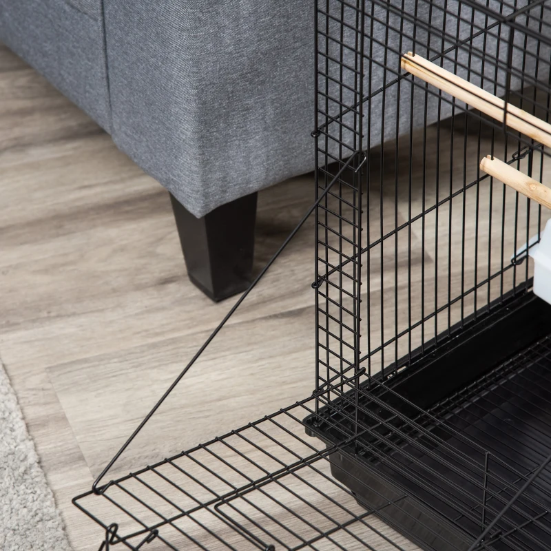 PawHut Vogelkäfig aus Metall mit Futtertränken, Sitzstangen, abnehmbarem Tablett, Griff, Größe 40L x 40B x 59H cm, Schwarz