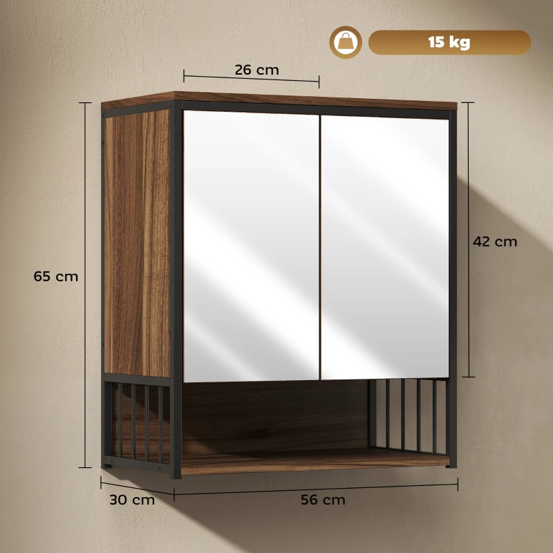 HOMCOM Armoire murale salle de bain avec miroir meuble salle de bain avec compartiment ouvert porte à fermeture amortie marron