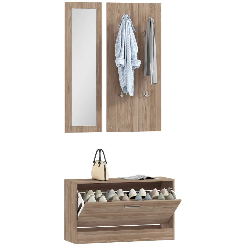 HOMCOM Set Möbel Eingang mit Schuhbank, Wandgarderobe und Spiegel, 80x27x46.5 cm, Dunkelbraun
