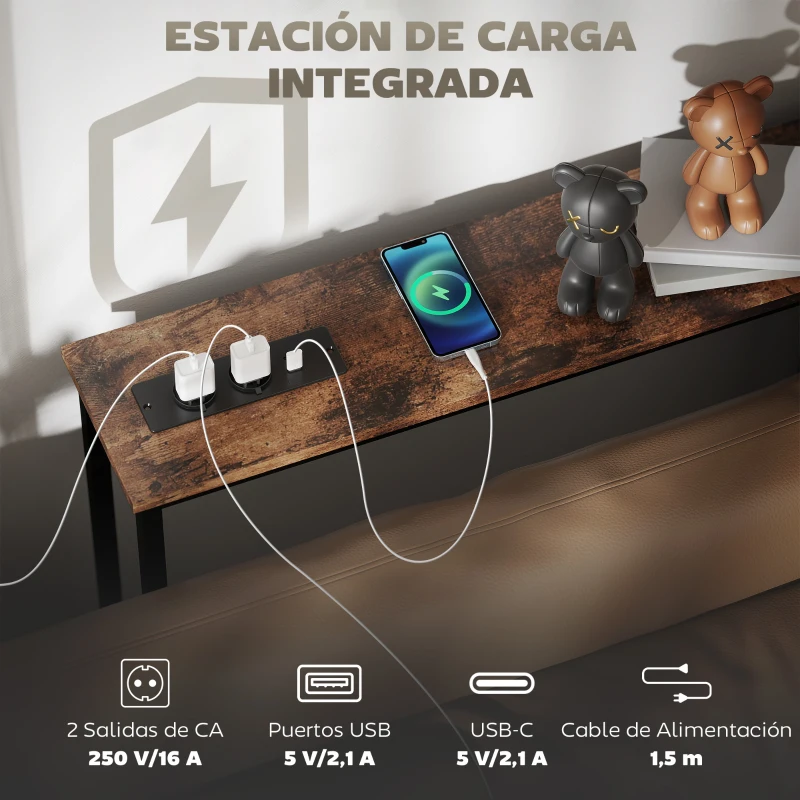 HOMCOM Mesa Consola Estrecha con Estación de Carga Diseño Industrial Estructura de Acero 160x20x80 cm Marrón Rústico