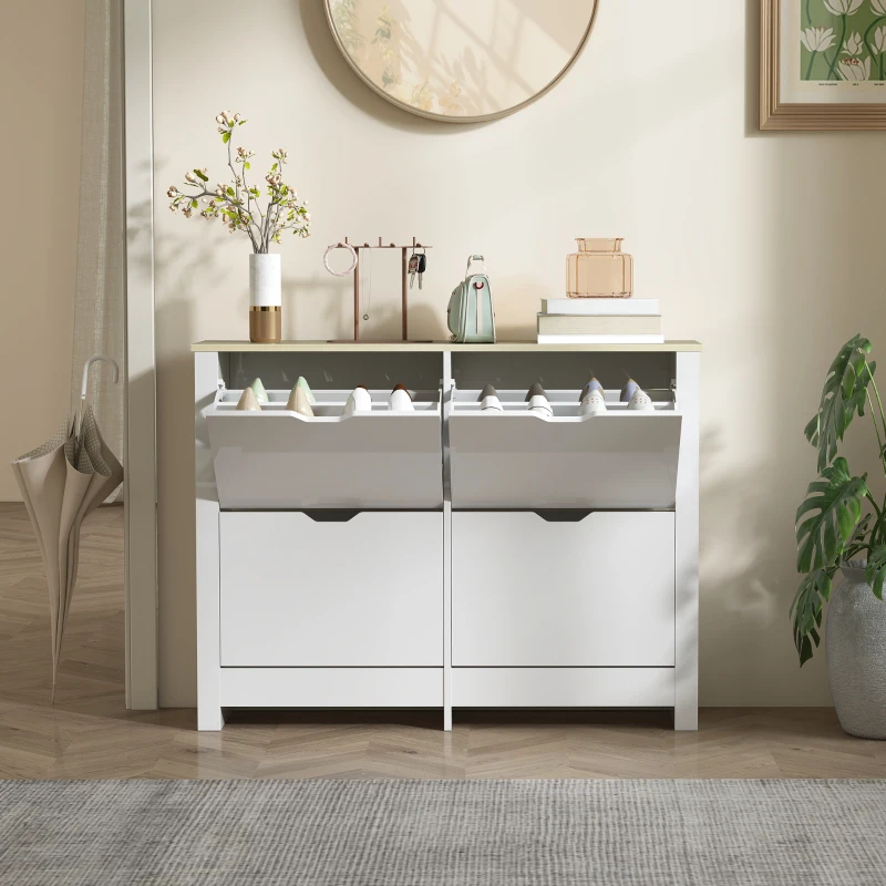 HOMCOM Meuble à chaussures 16 paires, armoire à chaussures étroite avec 4 tiroirs rabattables et étagères réglables, style moderne, pour couloir, entrée, 105 x 26 x 80 cm, blanc et chêne