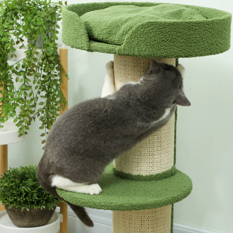 PawHut Árbol para Gatos 91 cm Árbol de Juego con Cama para Gatos Plataforma Lana de Cordero Verde