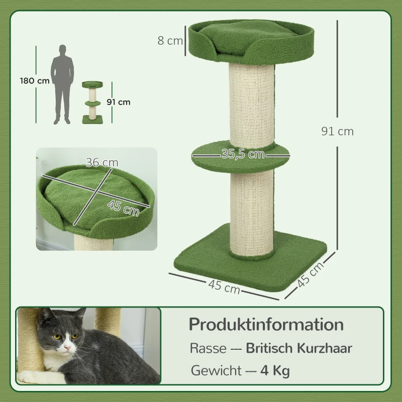 PawHut Kattenboom 91cm Speelboom met Kattenbed, Platform Lammewol Groen