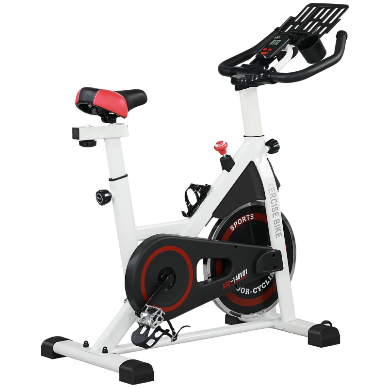 HOMCOM Vélo d'appartement avec écran LCD multifonctions vélo biking cardio-training selle et guidon réglables poids volant inertie 8 Kg acier blanc(m-11)