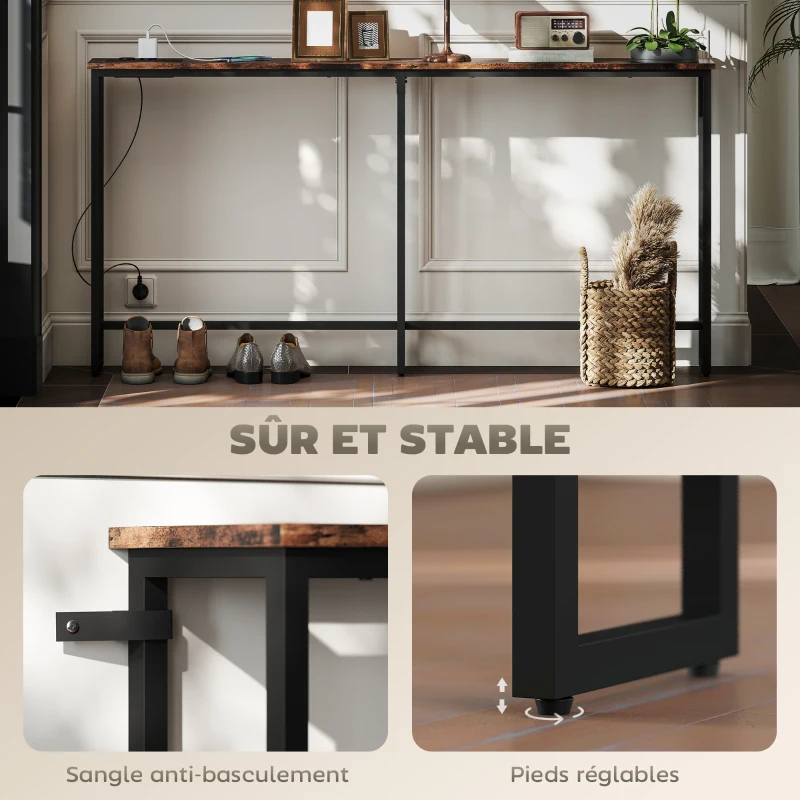 HOMCOM Table console étroite style industriel avec prises de courant et USB, pour salon entrée couloir, 160x20x80cm, marron