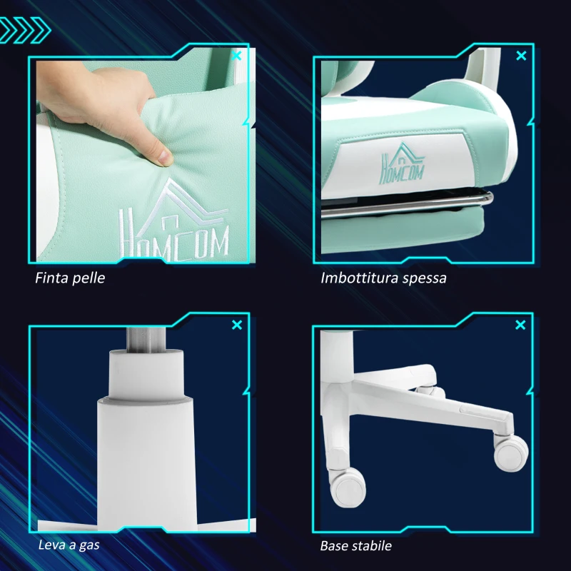 HOMCOM Chaise de Jeu Inclinable avec Repose-Pieds et Coussins, en Similicuir et Éponge, 65x62x116-124 cm, Blanc et Bleu