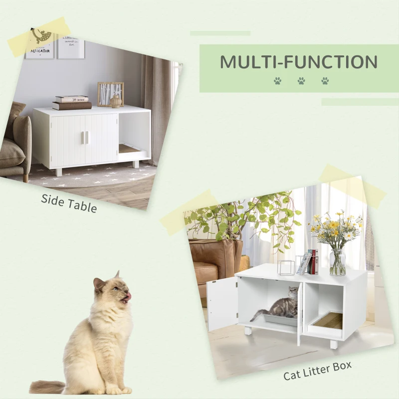 PawHut Wooden Cat Litter Box Enclosure & House with Nightstand/End Table Design, Scratcher, & Magnetic Doors, White