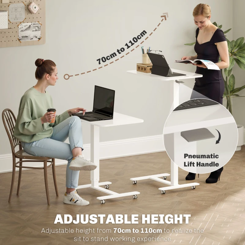 HOMCOM Height Adjustable Standing Desk, Pneumatic Sit Stand Desk for Laptop, Mobile Overbed Table with Wheels for Home Office, White