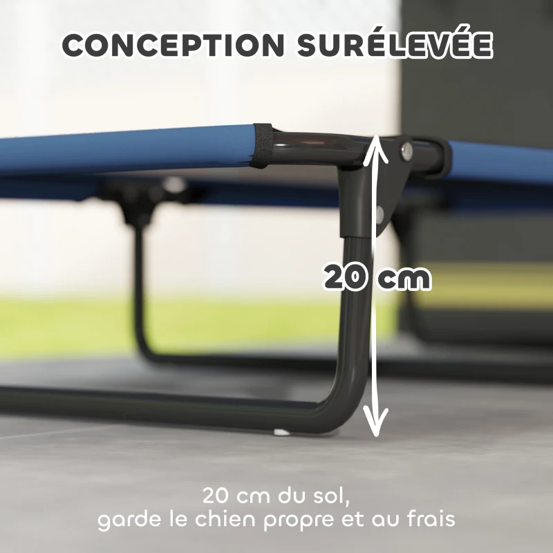 PawHut Lit surélevé pour chiens pliable rafraîchissant, lit de camp pour animaux en maille respirante 107x61x20cm bleu foncé