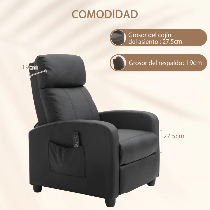 HOMCOM Sillón de Masaje Reclinable con Mando a Distancia Bolsillo Lateral y Temporizador Tapizado en PU 68x88x98 cm Negro