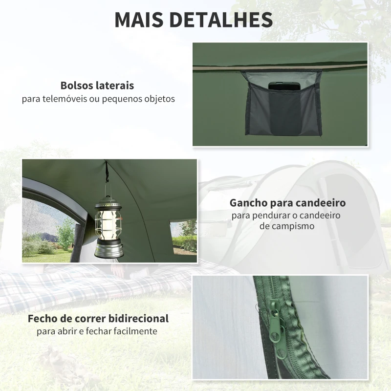 Outsunny Tenda de Campismo Pop-up para 2-3 Pessoas Tenda de Campismo com Janelas Impermeável Anti-UV 263,5x220x123 cm Verde e Cinza