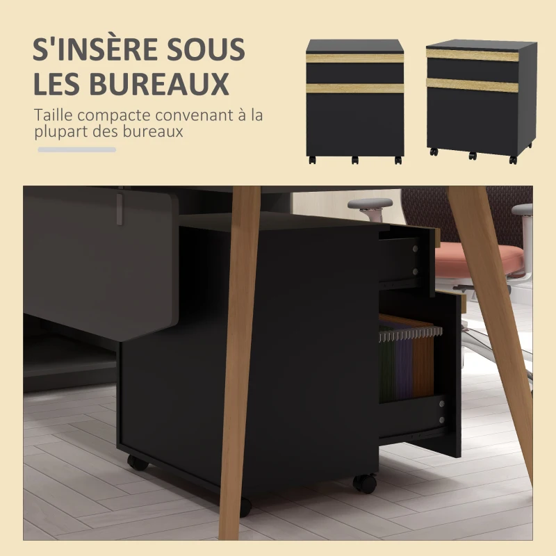 Vinsetto Caisson de bureau à roulettes avec 2 tiroirs coulissants trieur à dossiers 48 x 40 x 59,5 cm noir