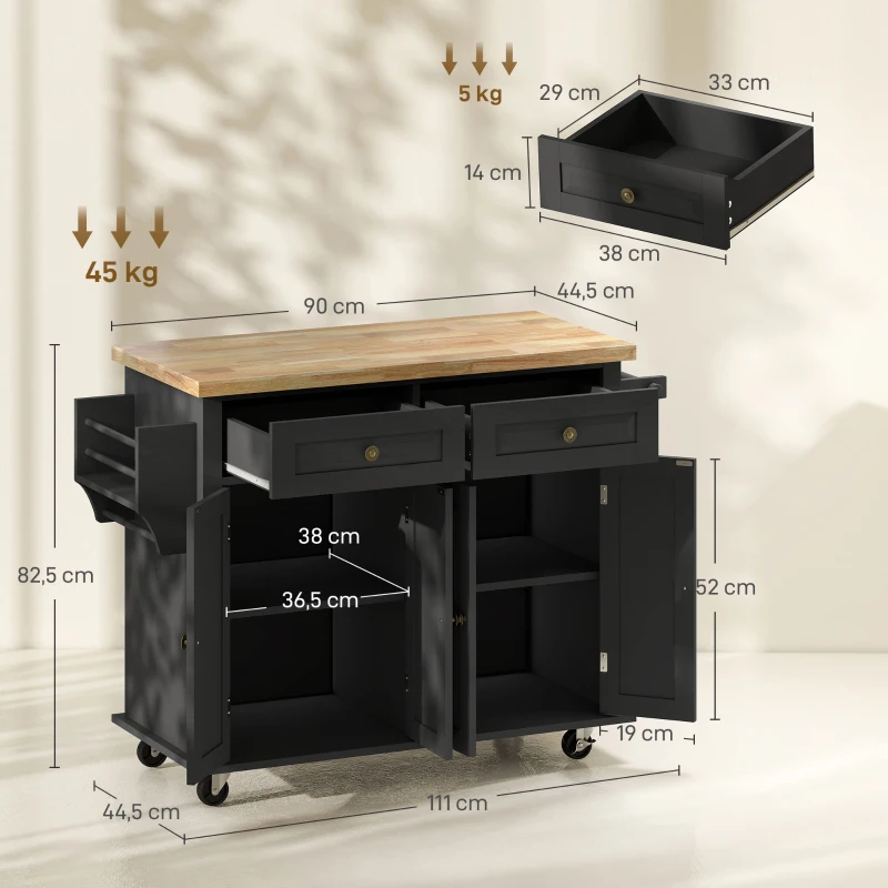 HOMCOM Ilha de Cozinha com Rodas 2 Gavetas 4 Portas Suporte para Temperos e Barra Lateral 111x44,5x82,5 cm Preto e Madeira