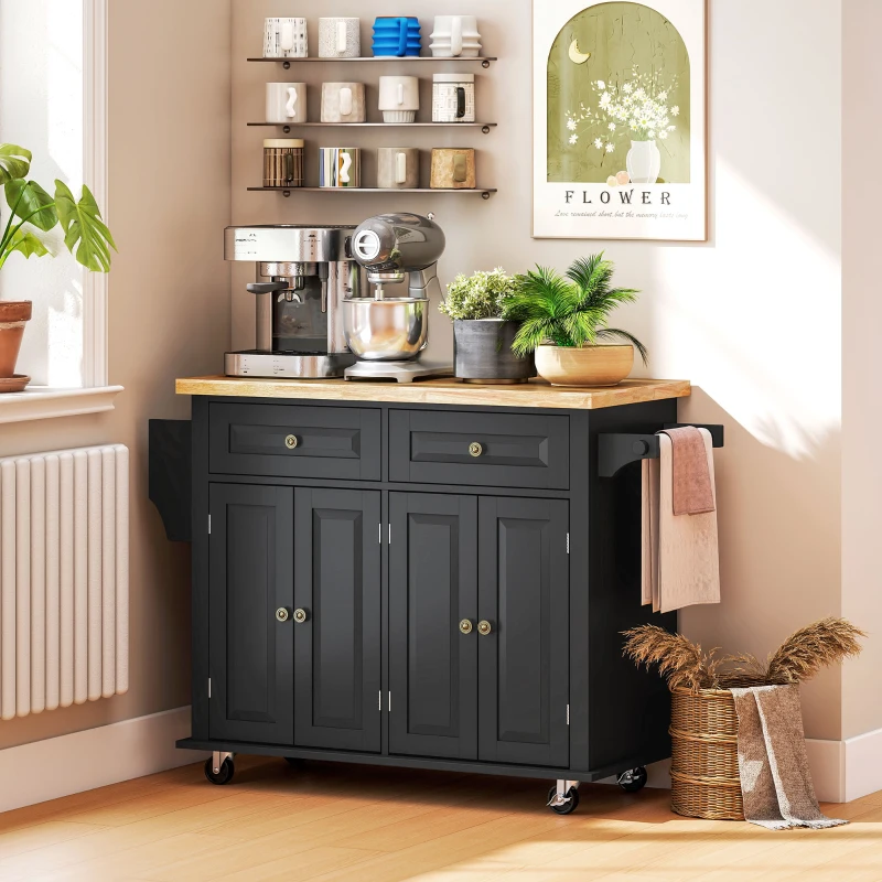 HOMCOM Carrello da Cucina Portavivande con Cassetti, Armadietti e Portaspezie, in Legno e MDF, 111x44.5x82.5 cm, Nero