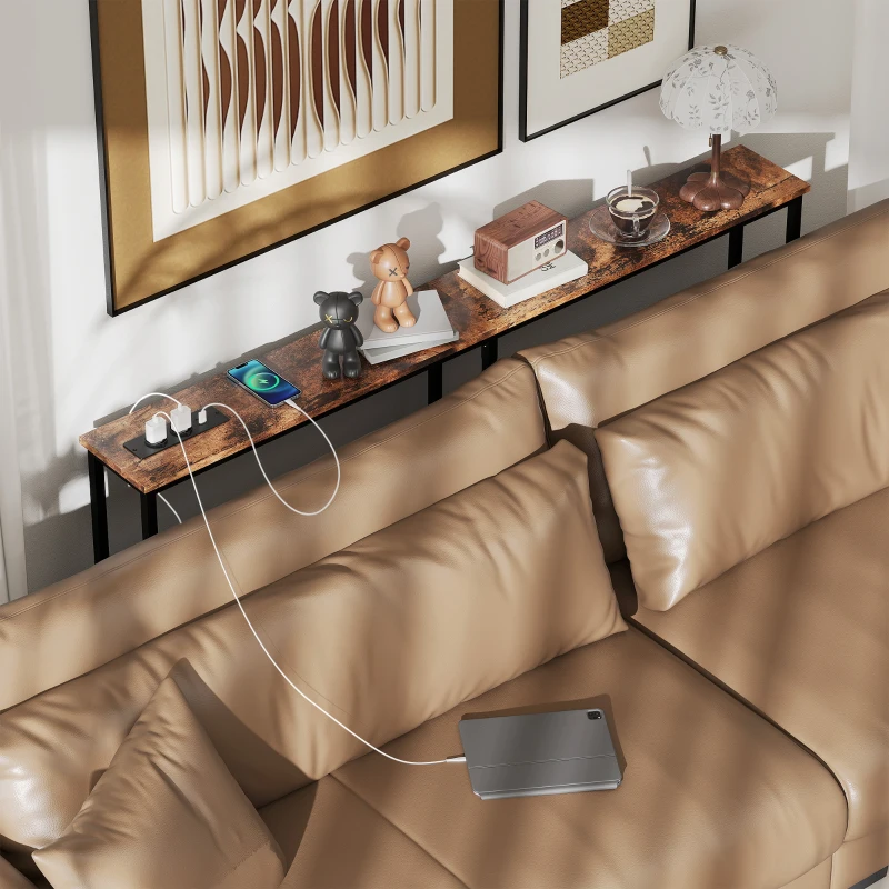 HOMCOM Tavolo Consolle in Stile Industriale con Stazione di Ricarica, in Legno e Acciaio, 160x20x80 cm, Marrone