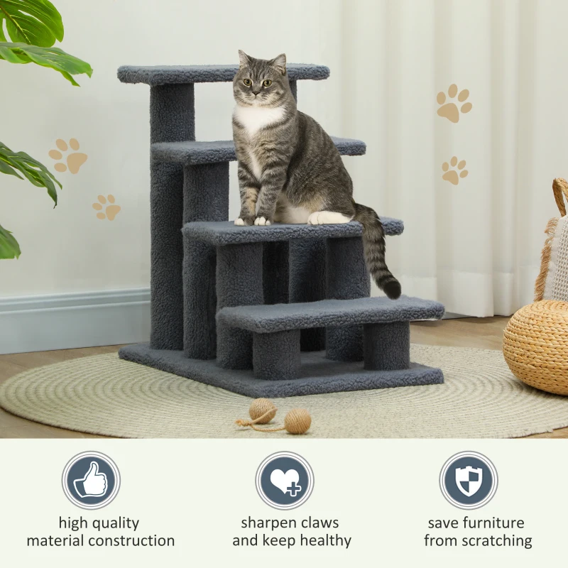 PawHut Pet Stairs 4 Steps for Sofa Tall Bed Dog Cat Little Older Animal Climb Ladder Portable Pet Access Assistance 63.5x43x60cm Grey