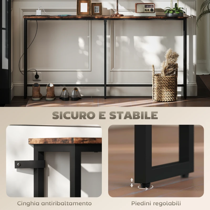 HOMCOM Tavolo Consolle in Stile Industriale con Stazione di Ricarica, in Legno e Acciaio, 160x20x80 cm, Marrone