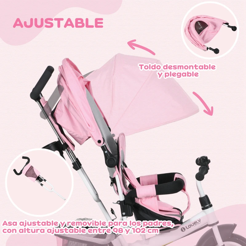 HOMCOM Triciclo para Bebés de +12 Meses con Mango de Empuje Telescópico y Desmontable Bolso para Mamá y Portabotellas Rosa