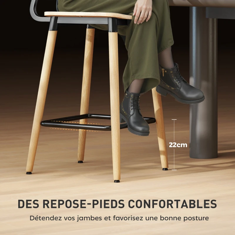 HOMCOM Lot de 2 tabourets de bar avec dossier, hauteur réglable et repose-pieds structure en acier hauteur 94 cm, bois naturel