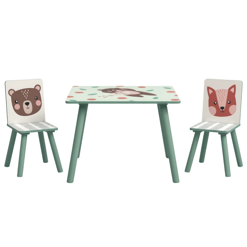 ZONEKIZ Set de Mesa y 2 Sillas Conjunto de Muebles Infantiles de 3 Piezas para Niños de +3 Años con Estampado Animales y Verde