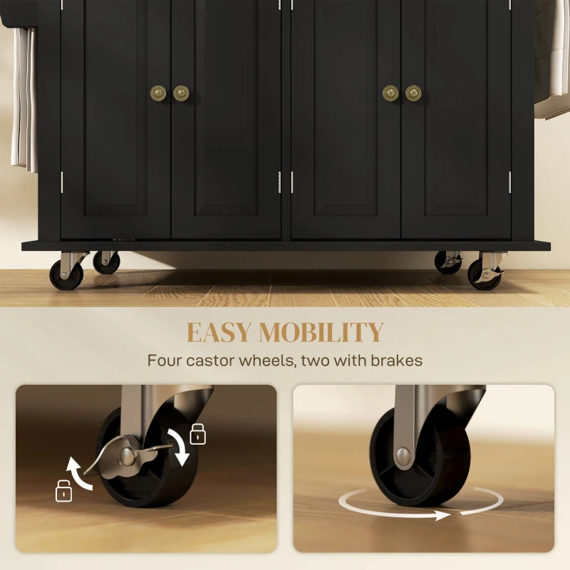 HOMCOM Rolling Kitchen Island Storage Trolley with Rubber Wood Top & Drawers for Dining Room, Black