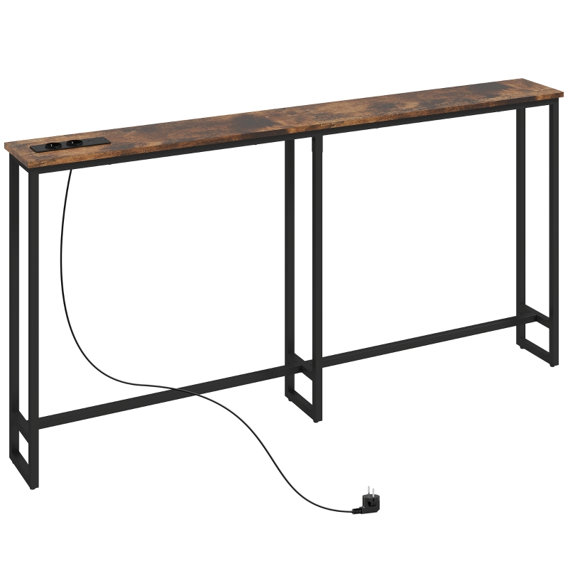 HOMCOM Mesa Consola Estrecha con Estación de Carga Diseño Industrial Estructura de Acero 160x20x80 cm Marrón Rústico