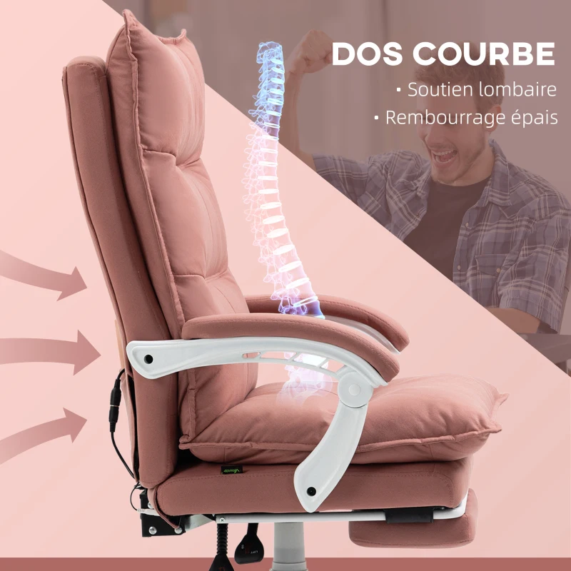 Vinsetto Fauteuil de bureau massant et chauffant, chaise de bureau, hauteur réglable, dossier inclinable, 66x74x121,5cm rose