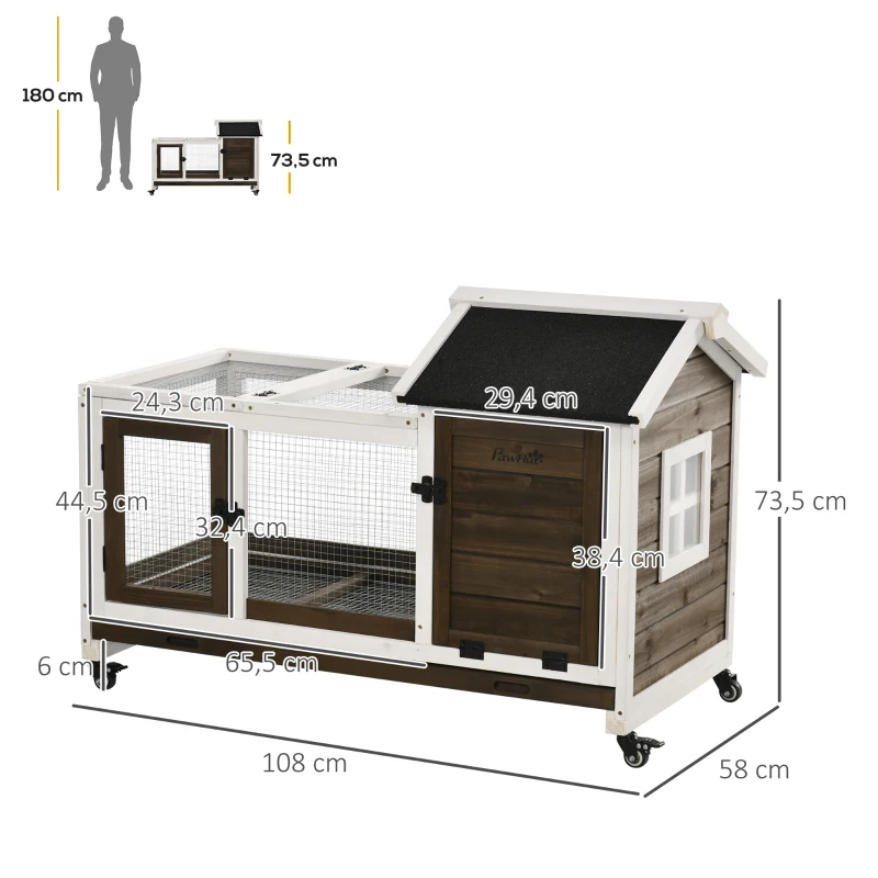 PawHut Kleindierstall voor dwergkonijnen, cavia's, met wielen, 108 x 58 x 73,5 cm, koffie(m-3)