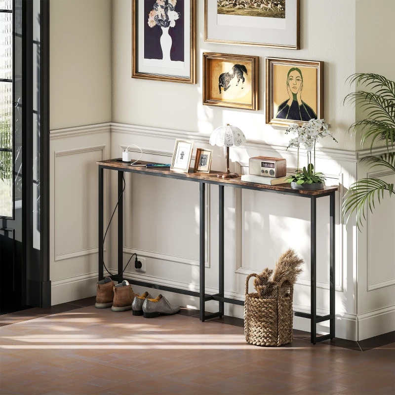 HOMCOM Mesa de Consola Estreita Consola com Estação de Carga Estrutura de Aço Estilo Industrial para  160x20x80 cm Marrom Rústico