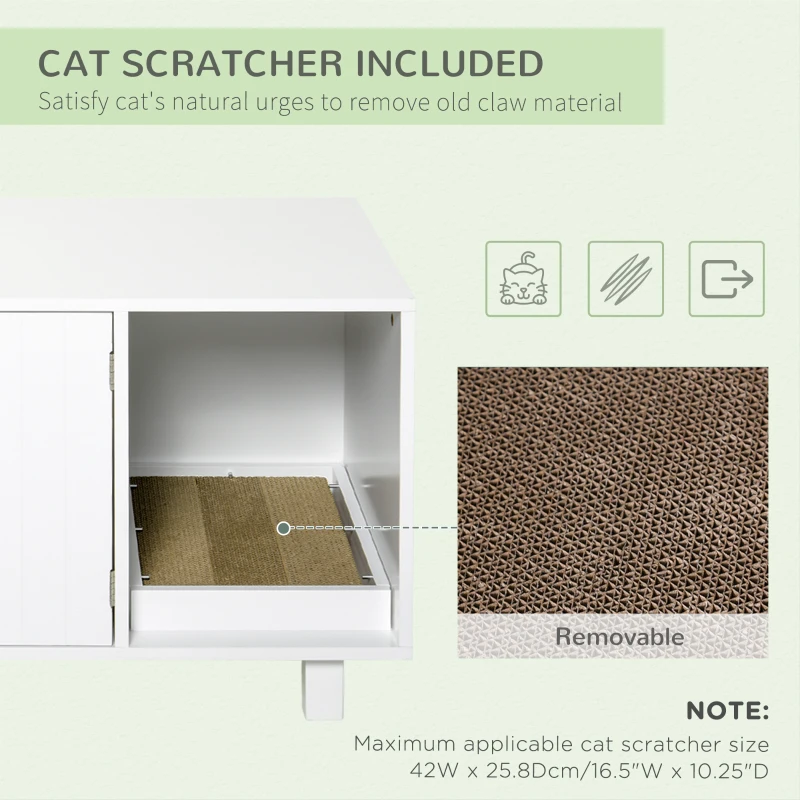 PawHut Wooden Cat Litter Box Enclosure & House with Nightstand/End Table Design, Scratcher, & Magnetic Doors, White