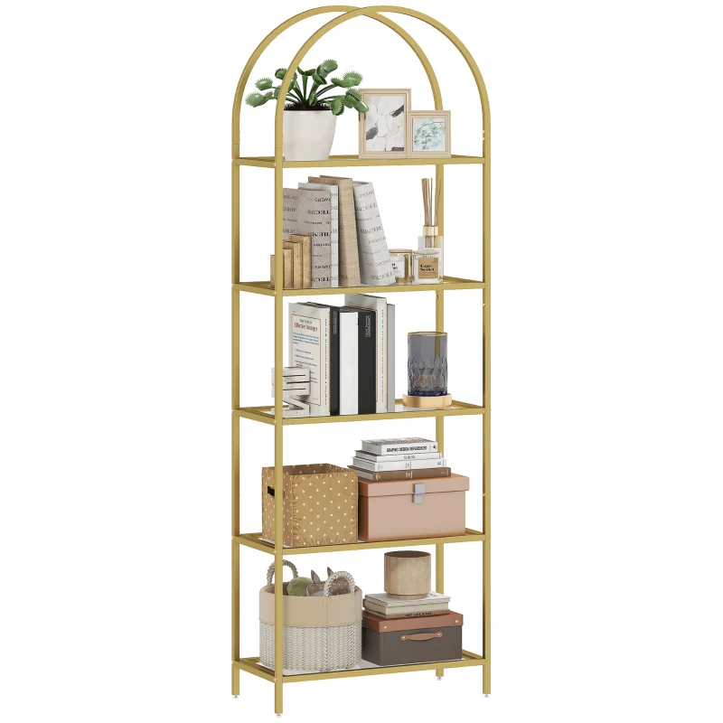 HOMCOM Bibliothèque étagère de rangement en verre à 5 niveaux arqué pour salon, bureau, chambre, 60 x 30 x 175 cm, doré