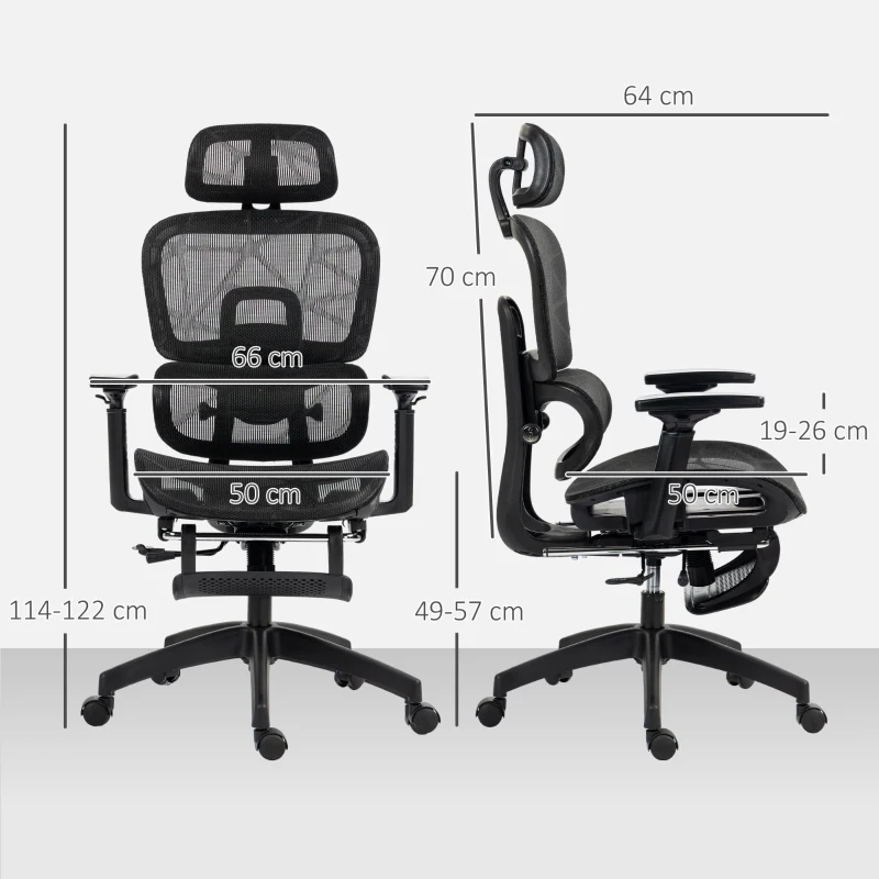 HOMCOM Fauteuil de bureau, chaise de bureau ergonomique en maille avec accoudoirs 3D, dossier inclinable, 66x64x122 cm, noir