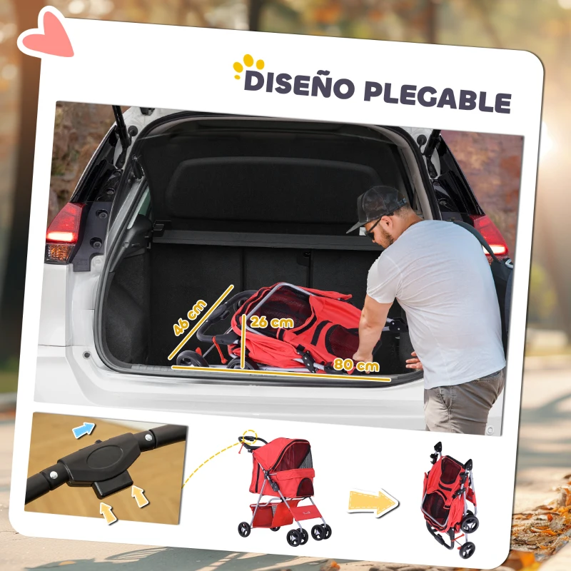 PawHut Carrito para Perros con Toldo Ajustable Cesta de Almacenaje y Ruedas con Freno Tela Oxford 75x46x94 cm Rojo