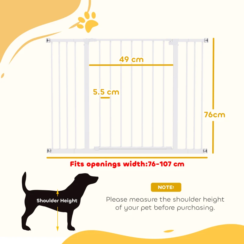 PawHut Dog Gate Pet Safety Gate Stair Barrier Pressure Fit Adjustable 76-82/86-97/101-107 cm, White