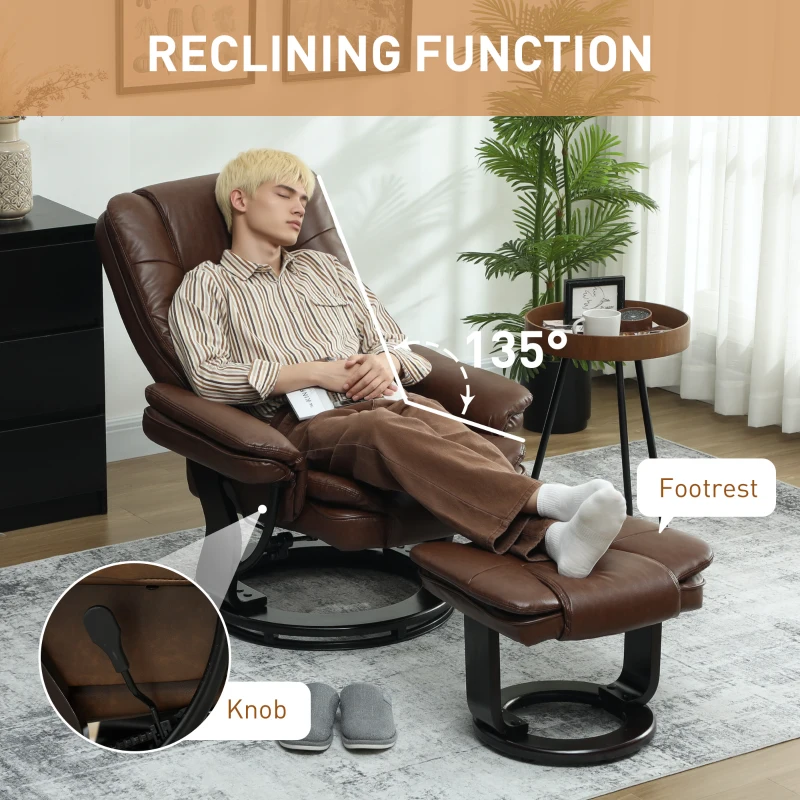 HOMCOM Faux Leather 135° Reclining Chair and Footstool - Brown