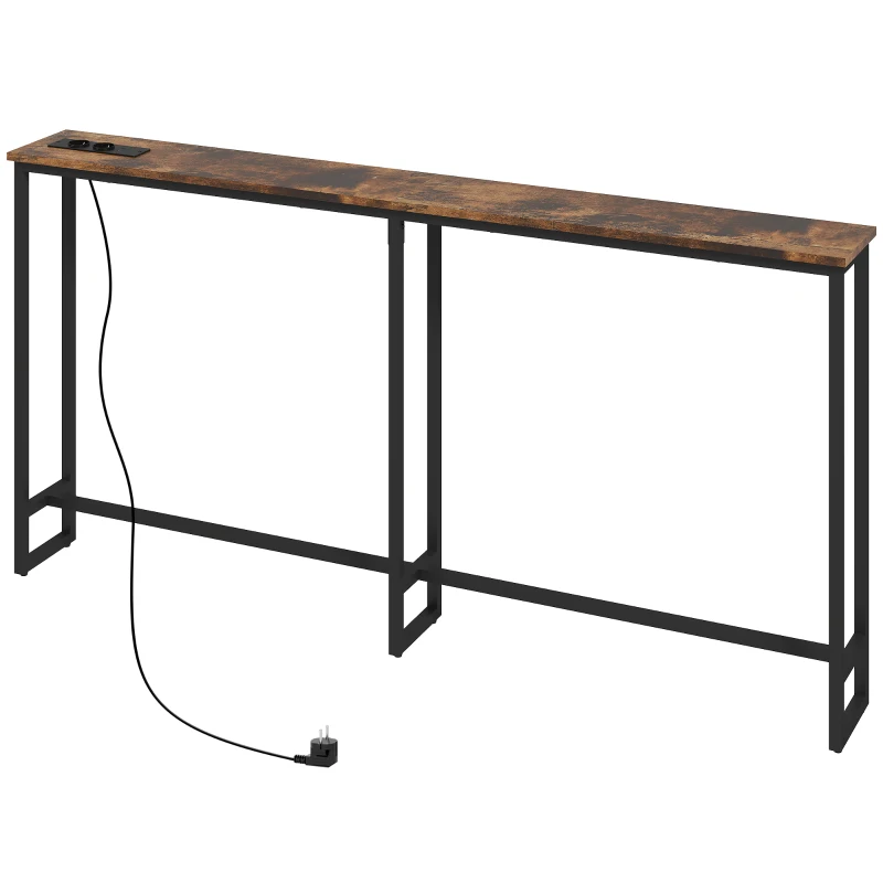 HOMCOM Mesa Consola Estrecha con Estación de Carga Diseño Industrial Estructura de Acero 160x20x80 cm Marrón Rústico