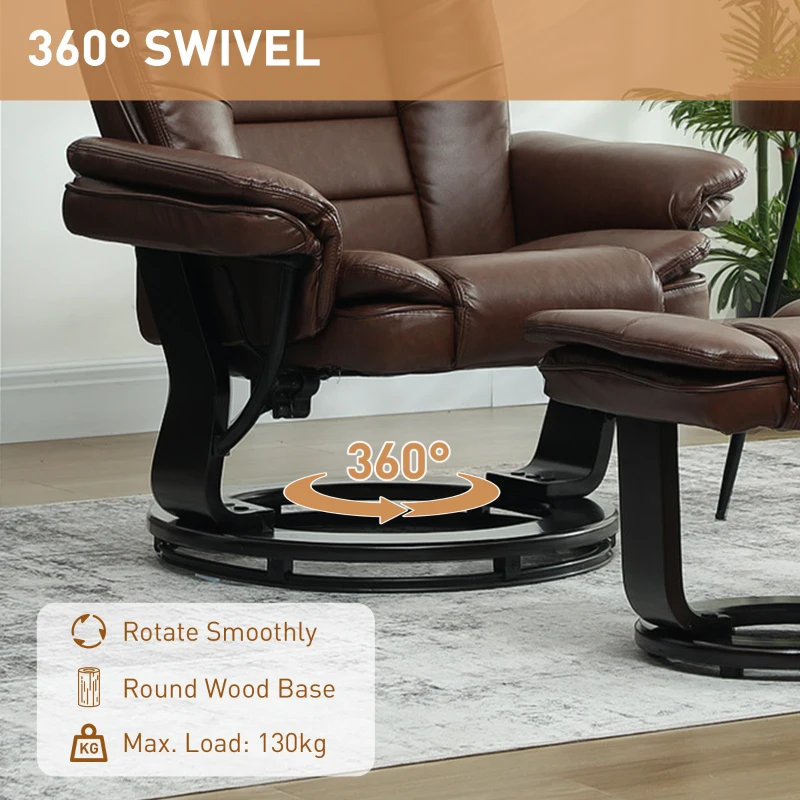 HOMCOM Faux Leather 135° Reclining Chair and Footstool - Brown