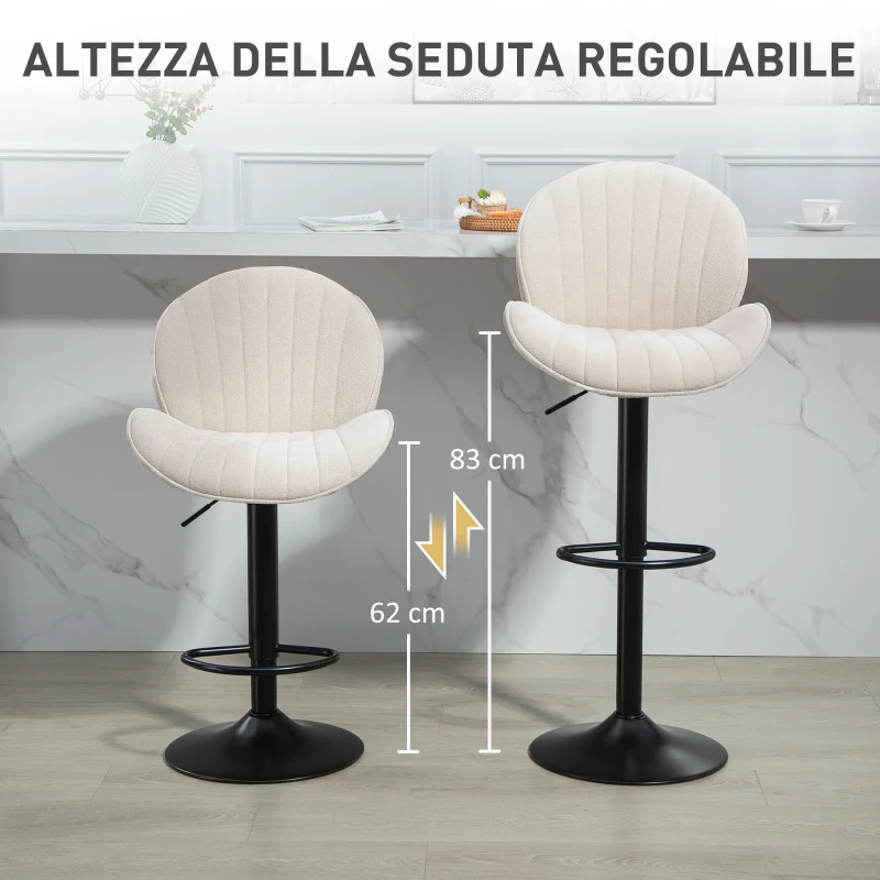 HOMCOM Set 2 Sgabelli Alti da Bar Moderno a Conchiglia con Poggiapiedi e Schienale, in Tessuto Effetto, 48x50x94-115 cm, Nero e Beige | Aosom Italy