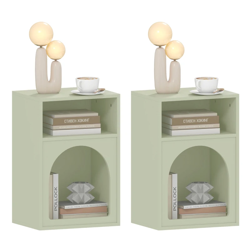 HOMCOM Juego de 2 mesitas de noche mesa de noche con compartimentos abiertos diseño arqueado 40x30x60 cm Verde claro